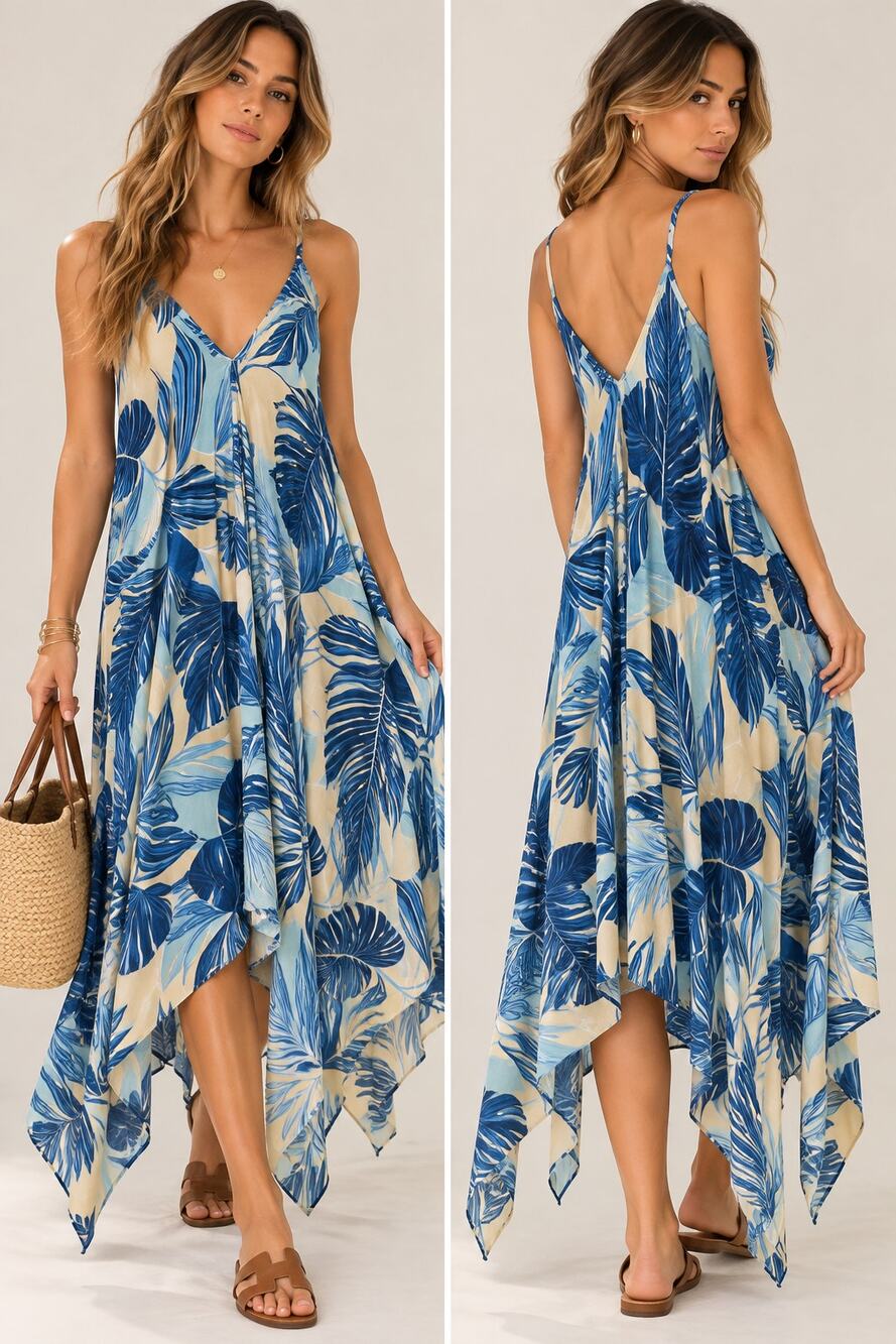 Goa Beachwear by Japna Blue Tropical Palm Print Handkerchief Maxi Dress XS